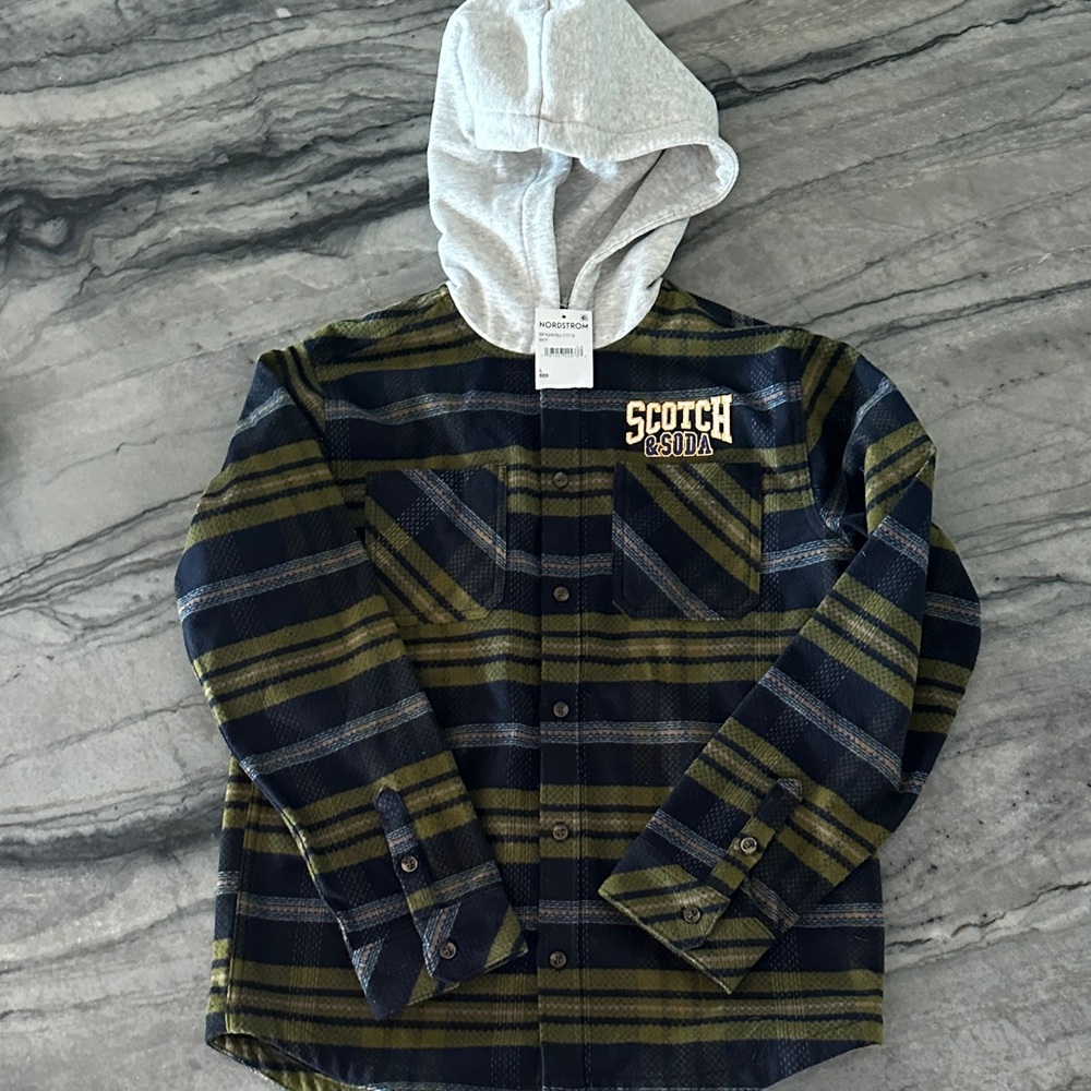 Scotch & Soda Kids Plaid Jacket with Gray Hood
